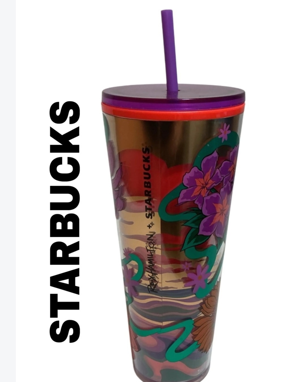 Starbucks Purple Lid Floral Stainless Cold Cup with Straw